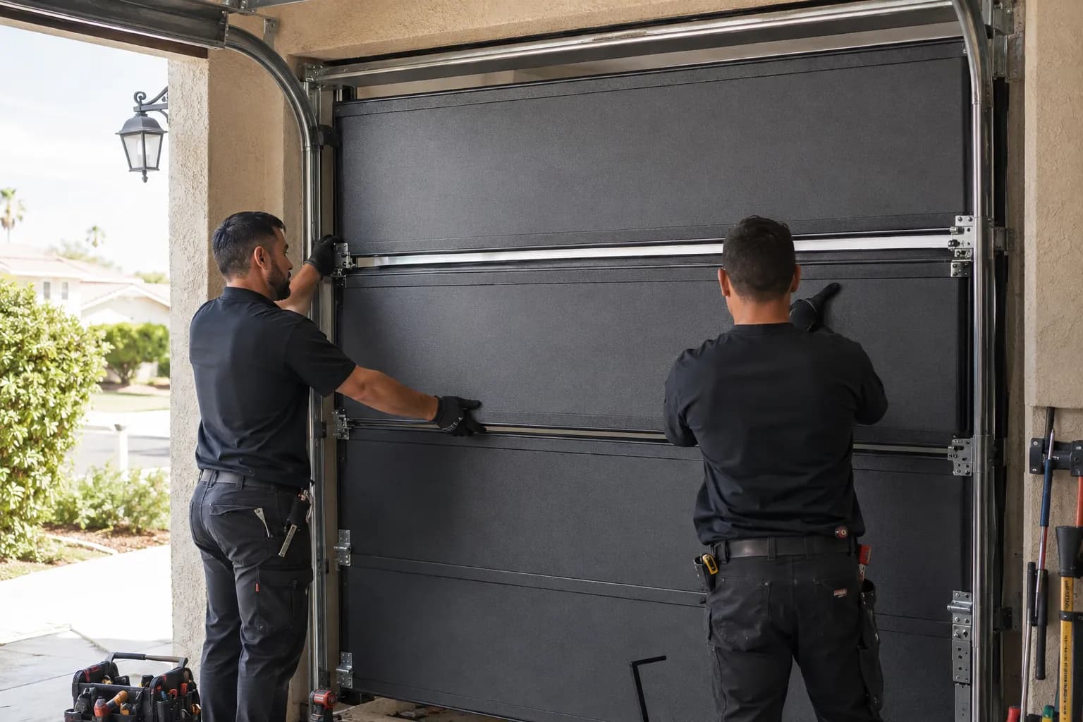Technicians installing a charcoal residential garage door