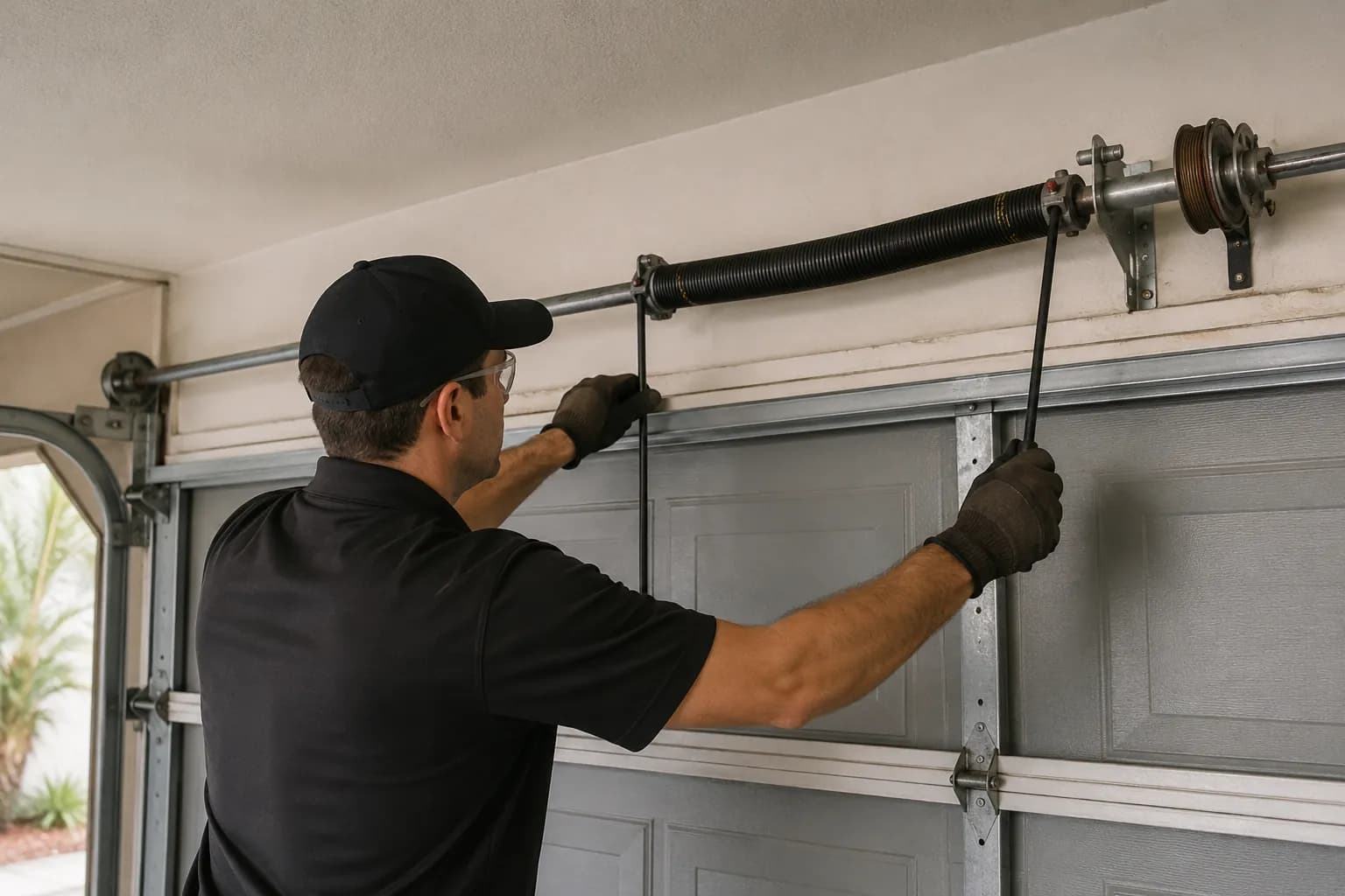 Technician servicing a residential garage door spring system
